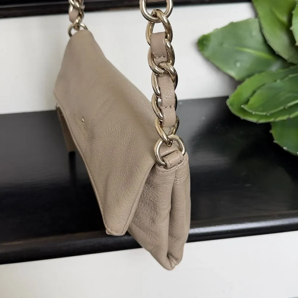 Kate Spade genuine leather taupe foldover crossbody shoulder purse bag neutral